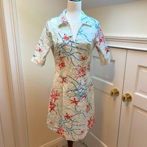 J. McLaughlin Cotton Stretch Seashell Coral Nautical Short Sleeve Dress Sz 10
